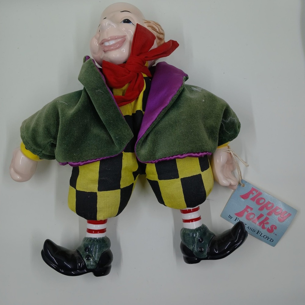 Vintage Fitz And Floyd Floppy Folks Mad Hatter Porcelain Boy Doll 10‎ In Green